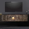 Hängendes TV-Lowboard GOLDEN SUNSET 160cm Mangoholz schwarz mit 3D Schnitzereien gold handmade