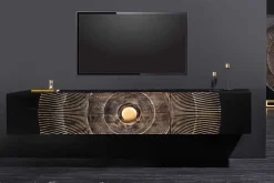 Hängendes TV-Lowboard GOLDEN SUNSET 160cm Mangoholz schwarz mit 3D Schnitzereien gold handmade