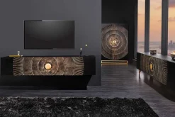 Hängendes TV-Lowboard GOLDEN SUNSET 160cm Mangoholz schwarz mit 3D Schnitzereien gold handmade