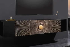 Hängendes TV-Lowboard GOLDEN SUNSET 160cm Mangoholz schwarz mit 3D Schnitzereien gold handmade