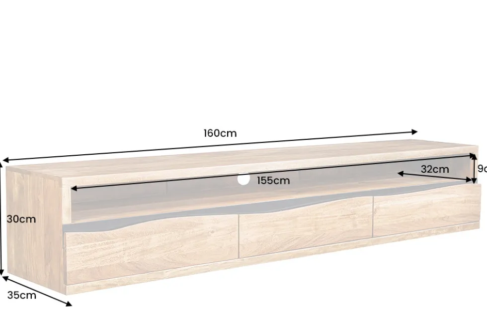 Hängendes TV-Lowboard MAMMUT 160cm braun Akazie honey finish Massivholz Baumkante