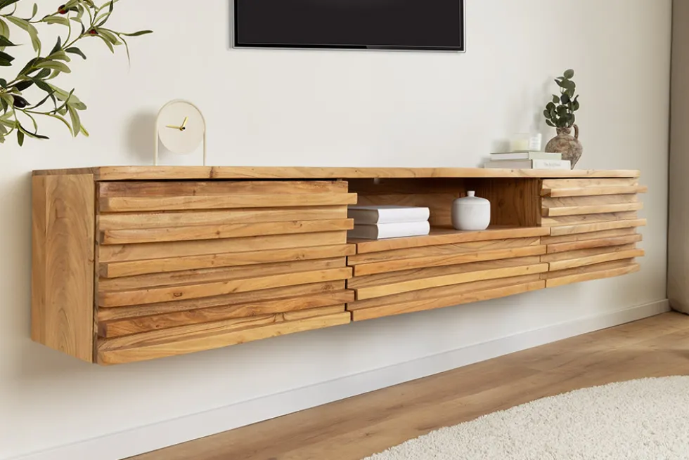 Hängendes TV-Lowboard RELIEF 200cm natur Akazienholz massiv mit aufwändiger Front