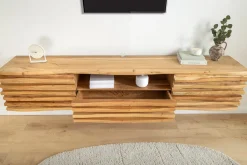 Hängendes TV-Lowboard RELIEF 200cm natur Akazienholz massiv mit aufwändiger Front