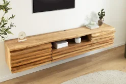 Hängendes TV-Lowboard RELIEF 200cm natur Akazienholz massiv mit aufwändiger Front