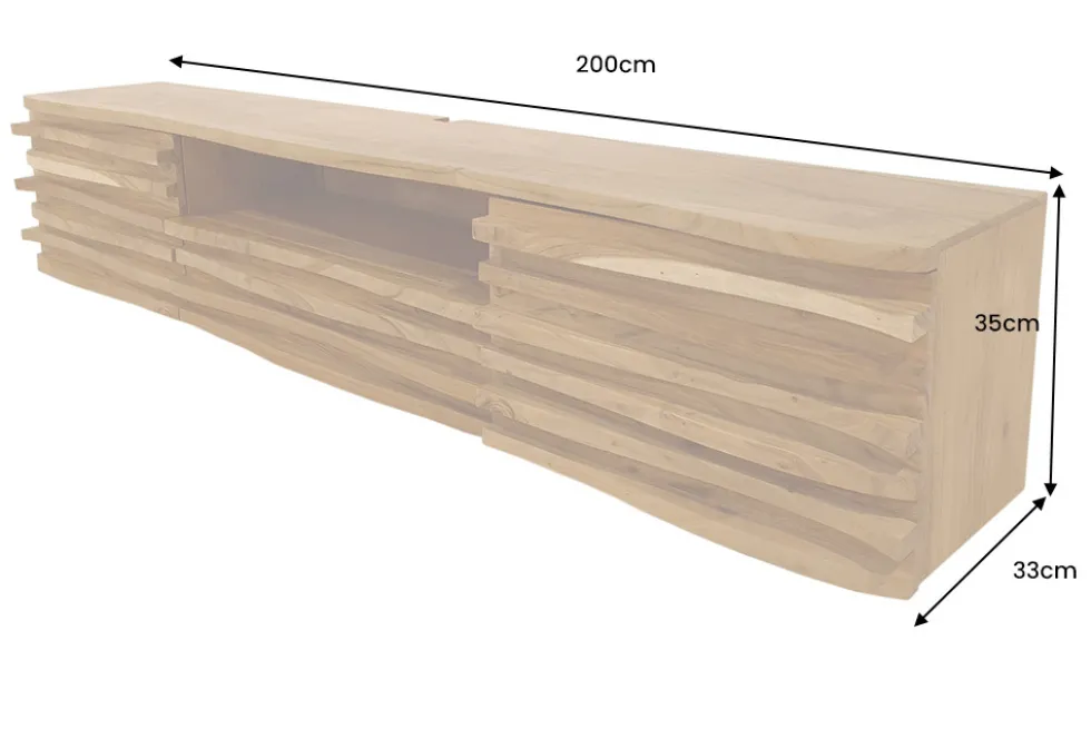 Hängendes TV-Lowboard RELIEF 200cm natur Akazienholz massiv mit aufwändiger Front