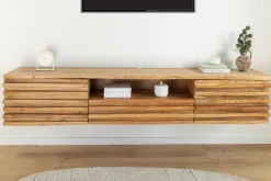 Hängendes TV-Lowboard RELIEF 200cm natur Akazienholz massiv mit aufwändiger Front