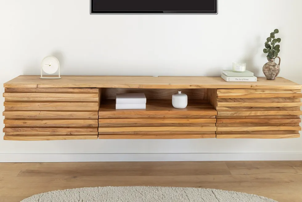 Hängendes TV-Lowboard RELIEF 200cm natur Akazienholz massiv mit aufwändiger Front
