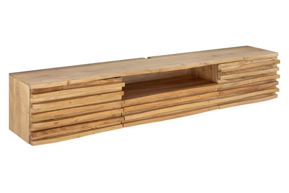 Hängendes TV-Lowboard RELIEF 200cm natur Akazienholz massiv mit aufwändiger Front