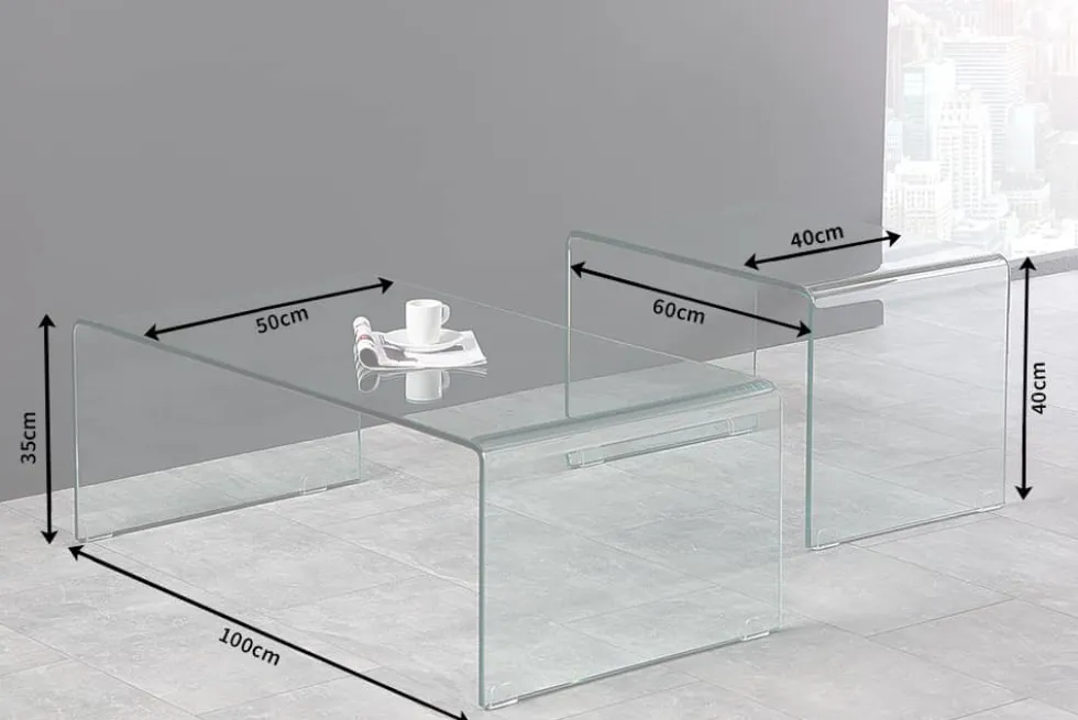 Hochwertiges 2er Set Glas Couchtisch FANTOME 100cm transparent