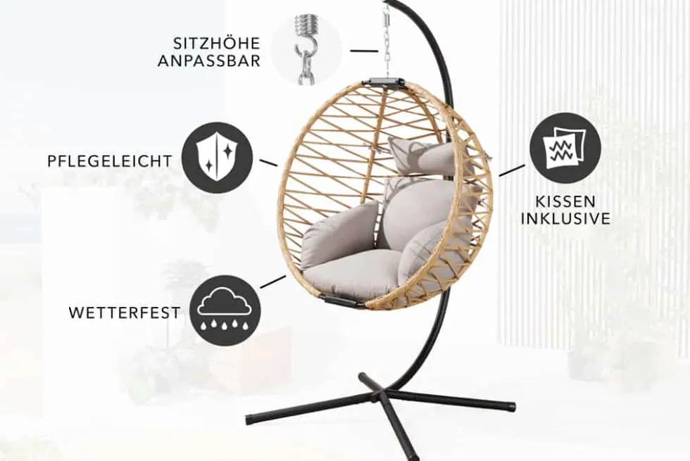 In- und Outdoor Hängesessel IBIZA natur beige Rattan mit Gestell wetterfest inkl. Kissen
