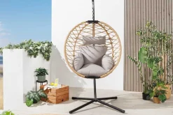 In- und Outdoor Hängesessel IBIZA natur beige Rattan mit Gestell wetterfest inkl. Kissen