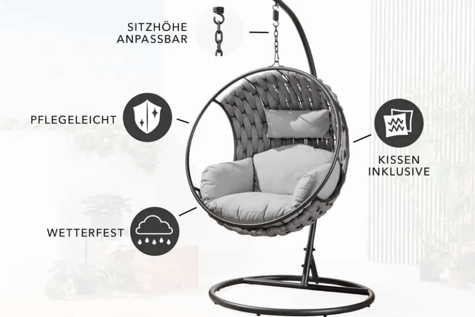 In- und Outdoor Hängesessel ROPE anthrazit grau mit Gestell wetterfest inkl. Kissen