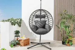 In- und Outdoor Hängesessel IBIZA anthrazit Rattan mit Gestell wetterfest inkl. Kissen
