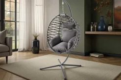 In- und Outdoor Hängesessel IBIZA anthrazit Rattan mit Gestell wetterfest inkl. Kissen