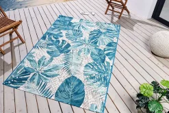 In- und Outdoor Teppich LEAF 175x120cm türkis weiß Blätter-Design Läufer wetterfest
