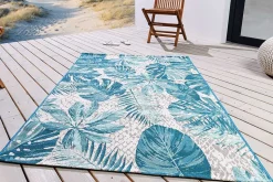 In- und Outdoor Teppich LEAF 175x120cm türkis weiß Blätter-Design Läufer wetterfest