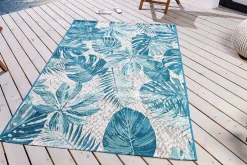 In- und Outdoor Teppich LEAF 175x120cm türkis weiß Blätter-Design Läufer wetterfest