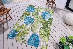 In- und Outdoor Teppich LEAF 235x160cm türkis grün weiß Blätter florales Design wetterfest