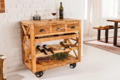 Industrial Barschrank BODEGA 86cm Mangoholz Servierwagen mit Weinregal