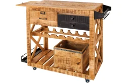 Industrial Barschrank BODEGA 86cm Mangoholz Servierwagen mit Weinregal und Aufhängung