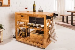 Industrial Barschrank BODEGA 86cm Mangoholz Servierwagen mit Weinregal und Aufhängung