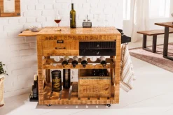 Industrial Barschrank BODEGA 86cm Mangoholz Servierwagen mit Weinregal und Aufhängung