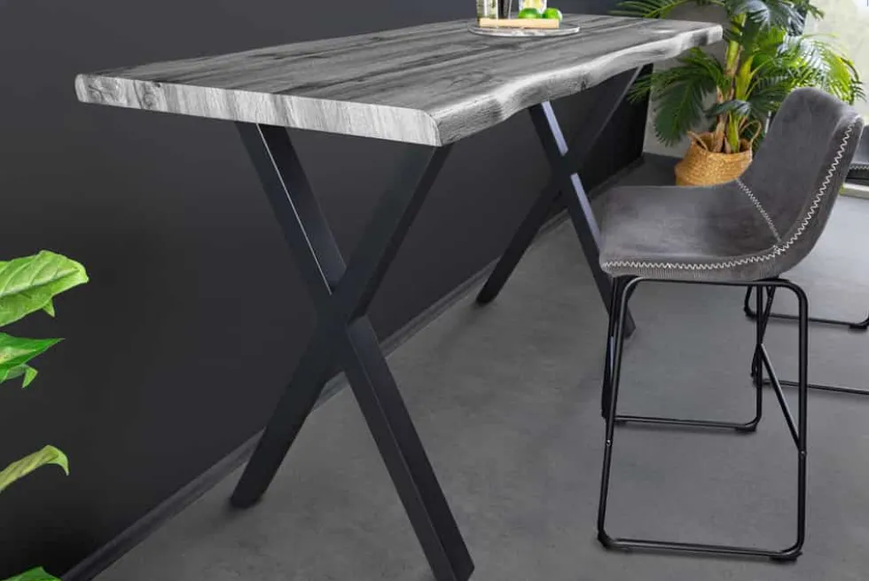 Industrial Bartisch WILD 120cm grau Wildeichen-Design schwarz Metall X-Gestell