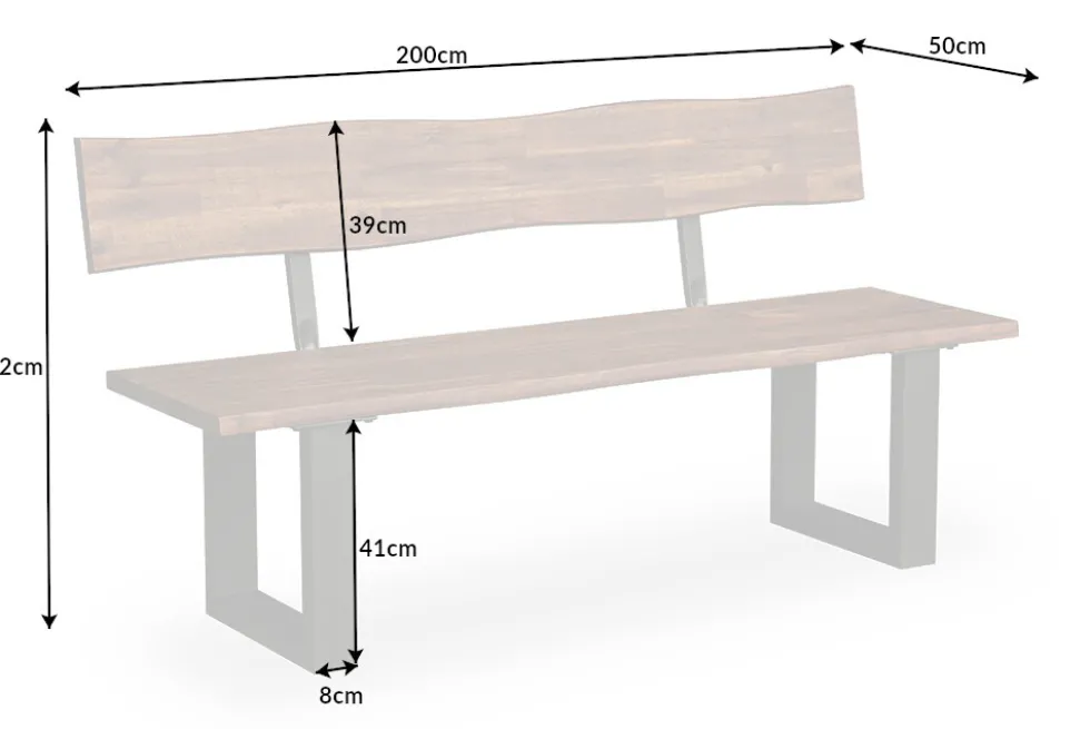 Industrial Baumstamm Sitzbank GENESIS 200cm Akazie Massivholz Kufengestell Rückenlehne Live Edge