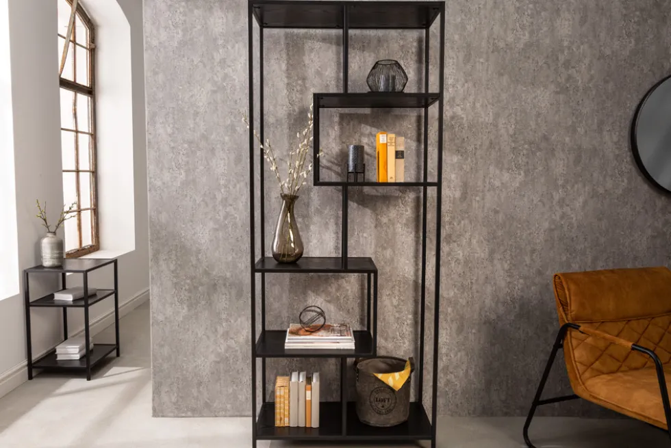Industrial Bücherregal SLIM LINE 185cm Esche schwarz sechs Regalböden