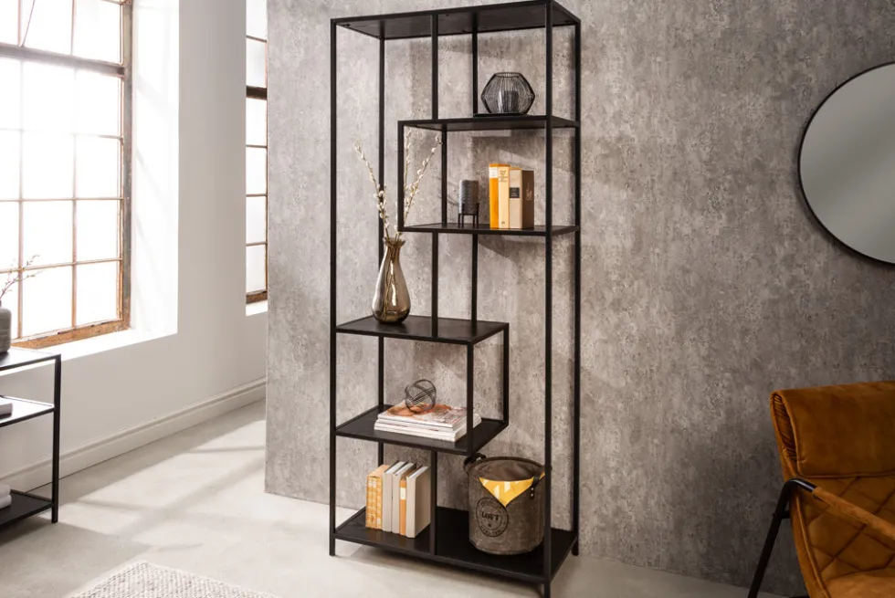 Industrial Bücherregal SLIM LINE 185cm Esche schwarz sechs Regalböden