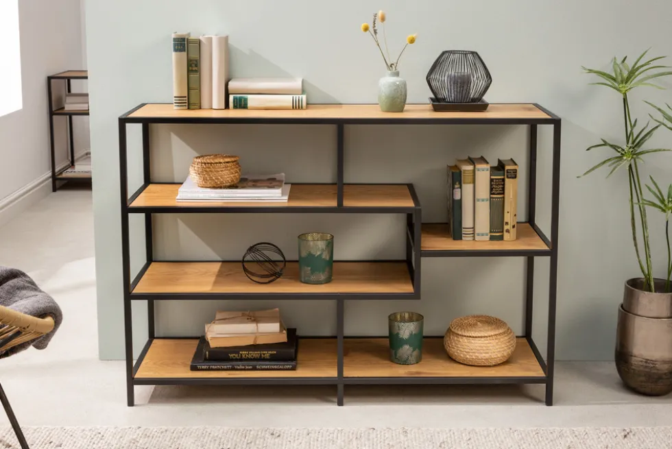 Industrial Bücherregal SLIM LINE 114cm Wildeiche schwarz fünf Regalböden