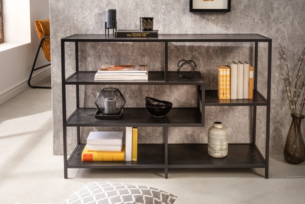Industrial Bücherregal SLIM LINE 114cm Esche schwarz fünf Regalböden