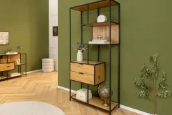 Industrial Bücherregal SLIM LINE 185cm Wildeiche schwarz Metall mit Schubladen