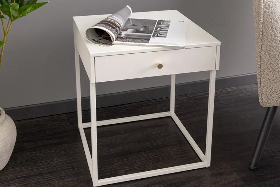 Industrial Beistelltisch SLIM LINE 50cm weiß Metall mit Schublade Nachttisch