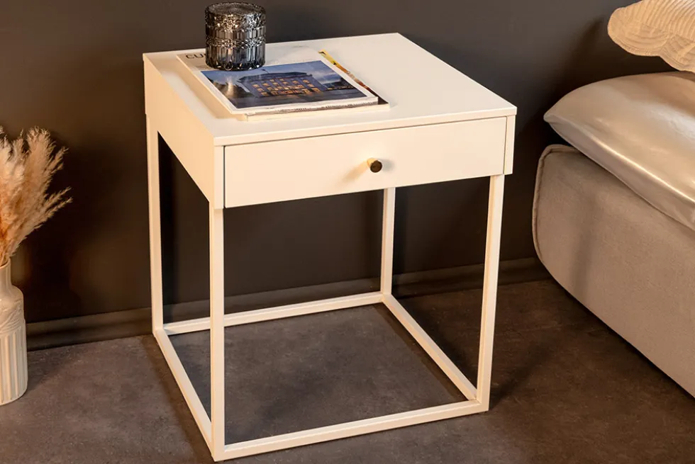 Industrial Beistelltisch SLIM LINE 50cm weiß Metall mit Schublade Nachttisch