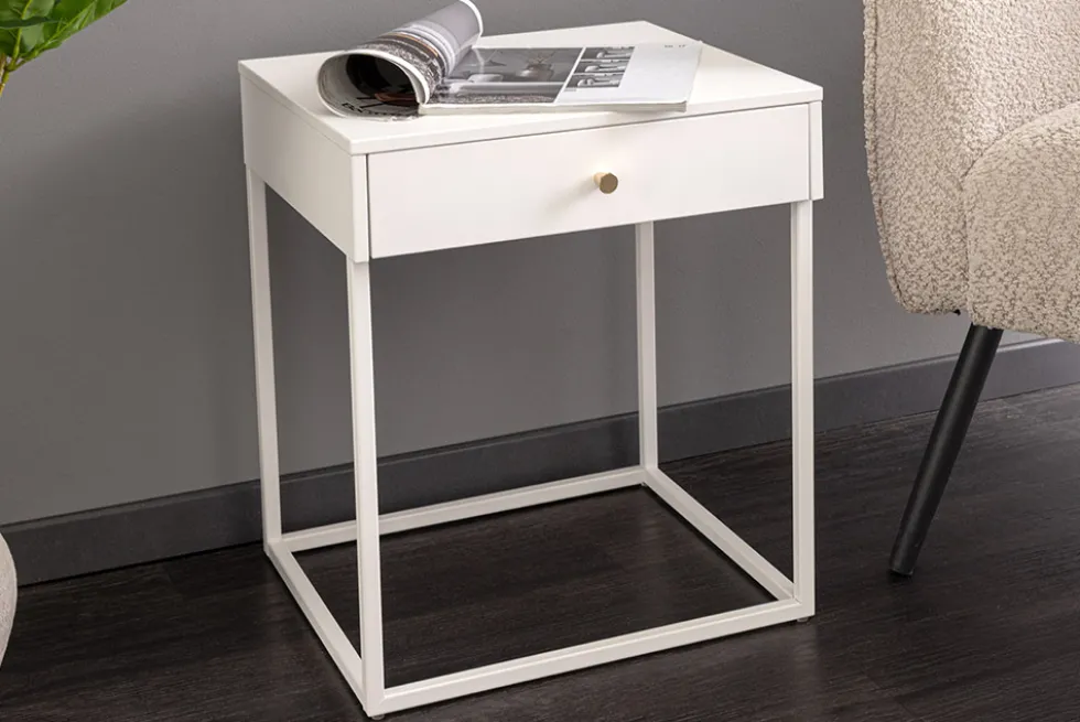 Industrial Beistelltisch SLIM LINE 50cm weiß Metall mit Schublade Nachttisch