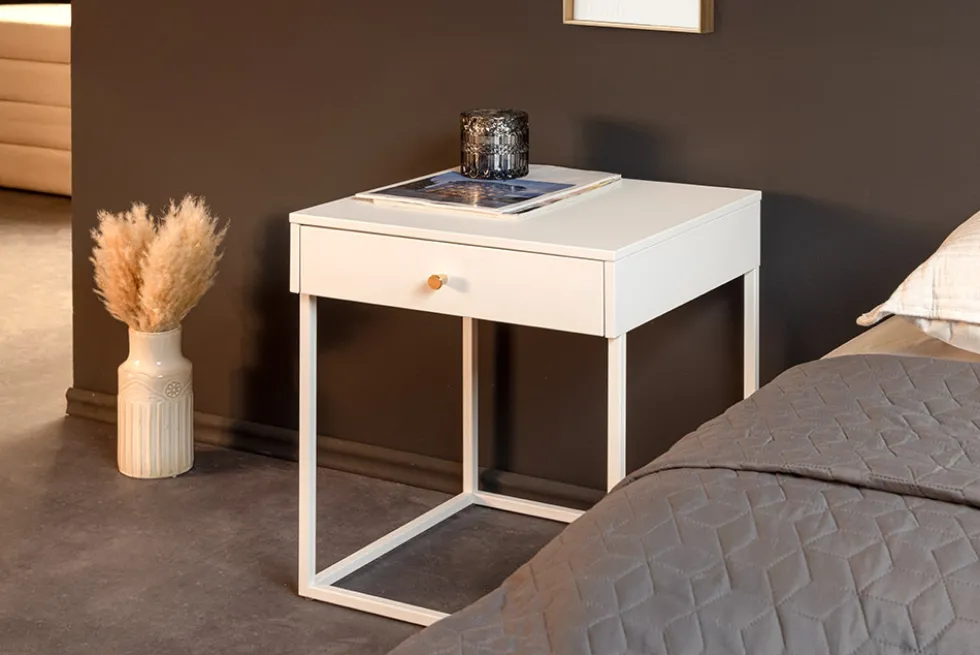 Industrial Beistelltisch SLIM LINE 50cm weiß Metall mit Schublade Nachttisch
