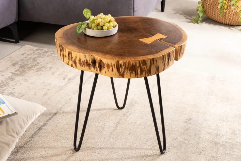Industrial Beistelltisch GOA 40cm natur Akazie Massivholz Baumstamm rund Hairpin Legs