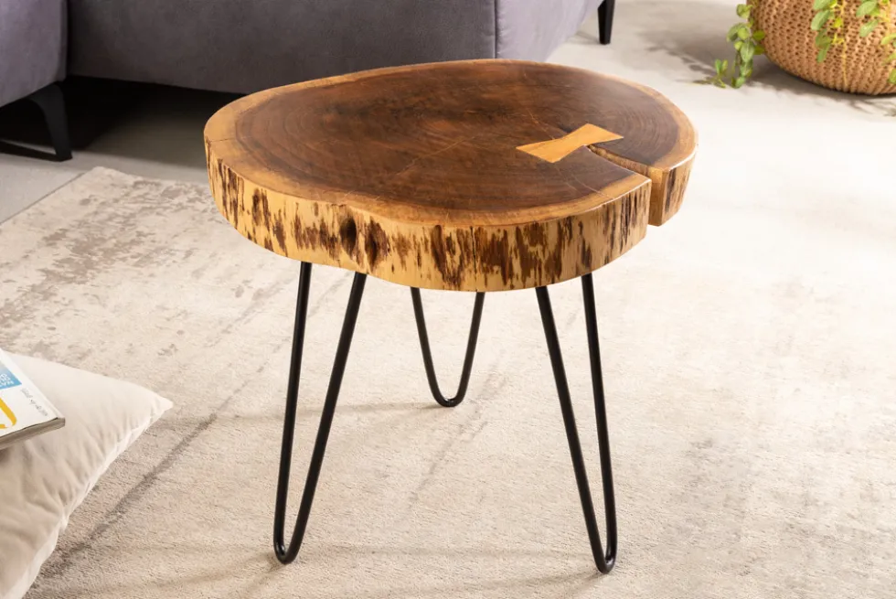 Industrial Beistelltisch GOA 40cm natur Akazie Massivholz Baumstamm rund Hairpin Legs