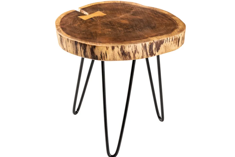 Industrial Beistelltisch GOA 40cm natur Akazie Massivholz Baumstamm rund Hairpin Legs