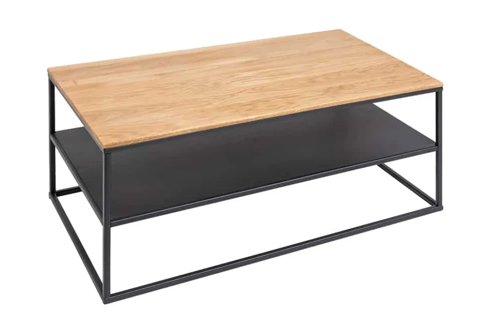 Industrial Couchtisch APARTMENT 95cm Massivholz Eiche geölt mit Ablage Metallgestell schwarz