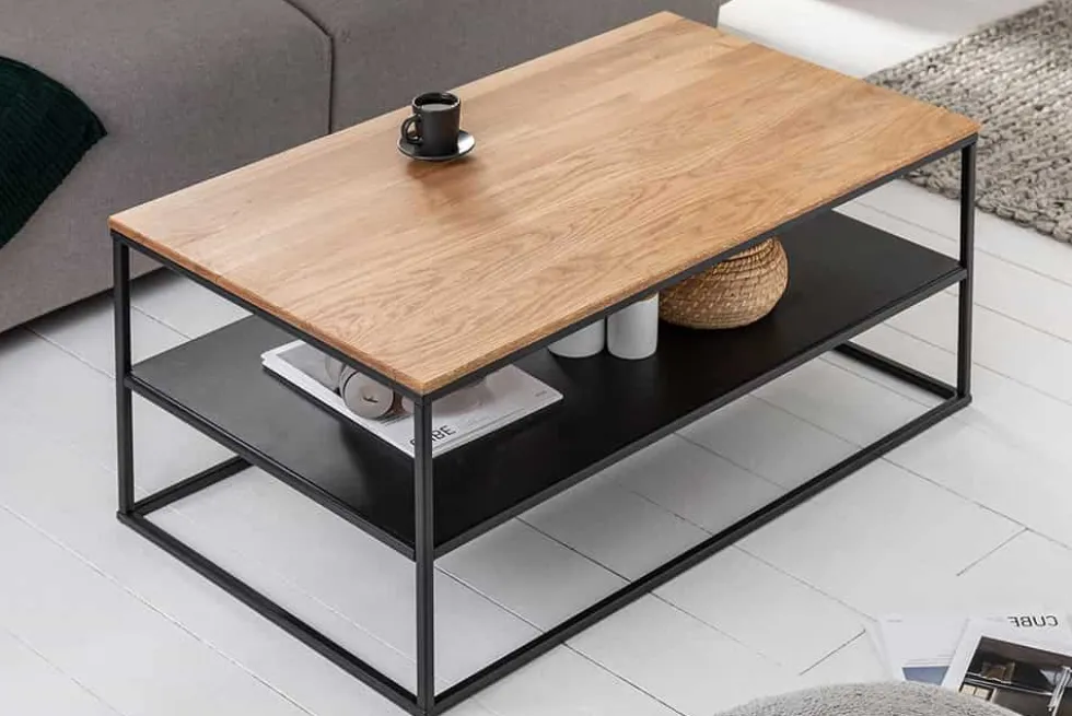 Industrial Couchtisch APARTMENT 95cm Massivholz Eiche geölt mit Ablage Metallgestell schwarz