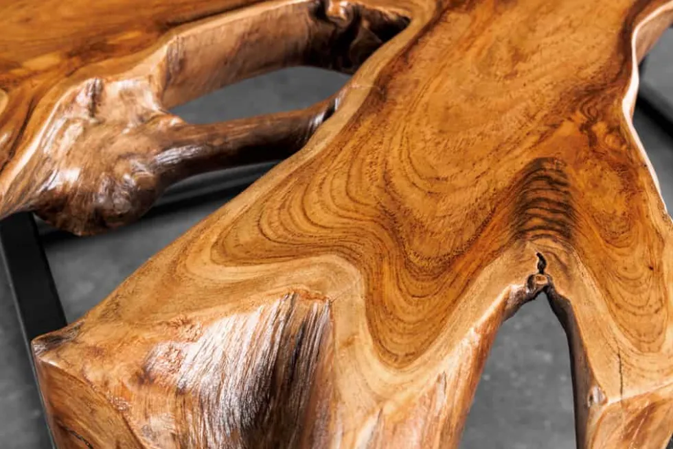 Industrial Couchtisch TEAK ROOT 70cm braun Teakholz Metall Glastisch handmade