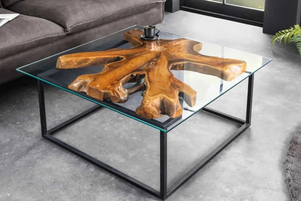Industrial Couchtisch TEAK ROOT 70cm braun Teakholz Metall Glastisch handmade