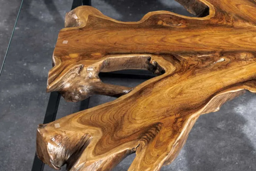 Industrial Couchtisch TEAK ROOT 70cm braun Teakholz Metall Glastisch handmade