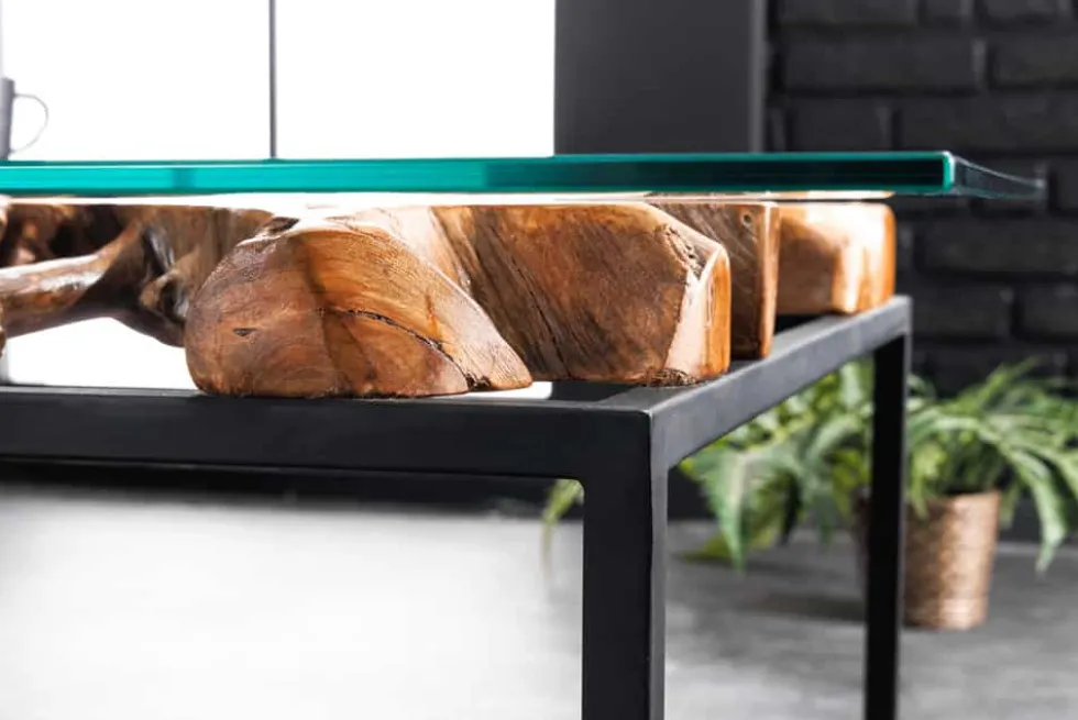 Industrial Couchtisch TEAK ROOT 70cm braun Teakholz Metall Glastisch handmade