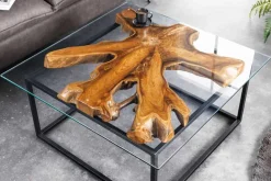 Industrial Couchtisch TEAK ROOT 70cm braun Teakholz Metall Glastisch handmade