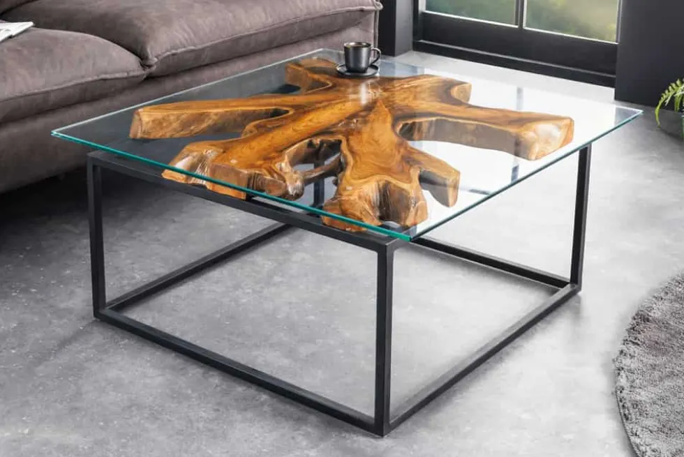 Industrial Couchtisch TEAK ROOT 70cm braun Teakholz Metall Glastisch handmade