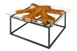 Industrial Couchtisch TEAK ROOT 70cm braun Teakholz Metall Glastisch handmade