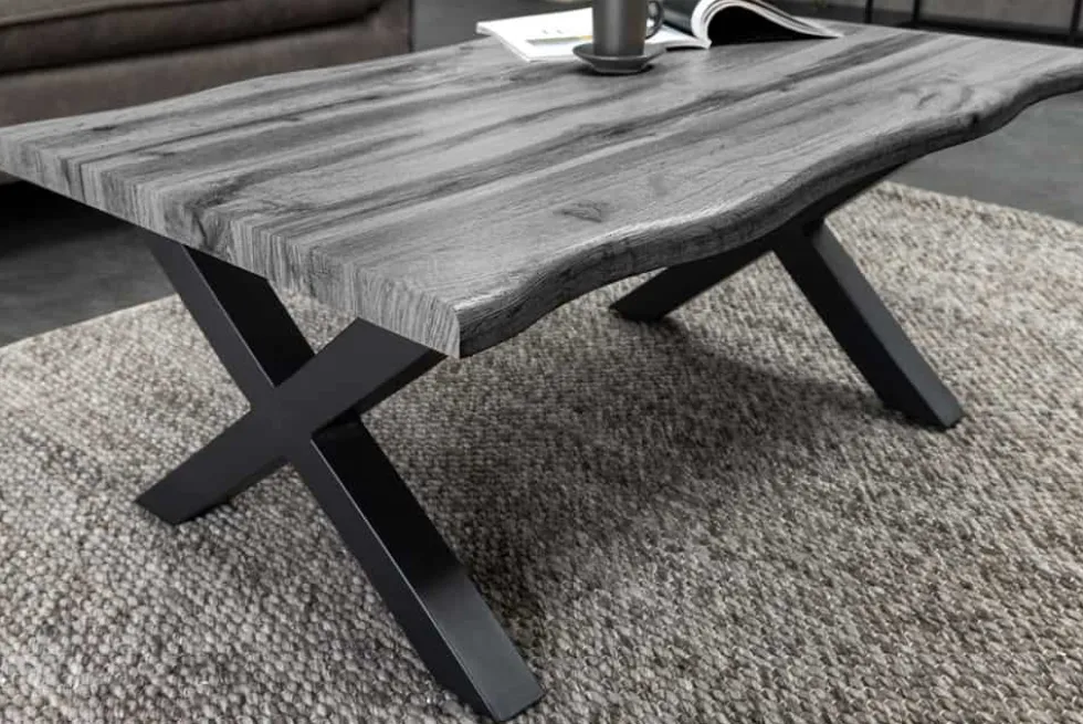 Industrial Couchtisch WILD 90cm grau Wildeichen-Design schwarz Metall Baumkante